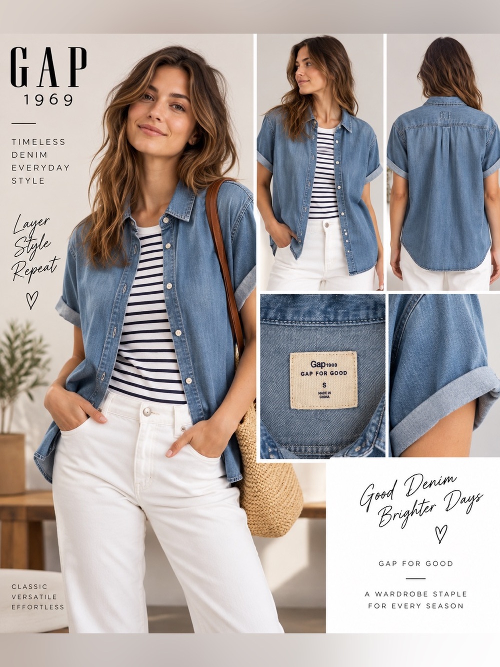 GAP 1969 For Good Denim Shirt Women’s Blue Short Sleeve Chambray in Size S